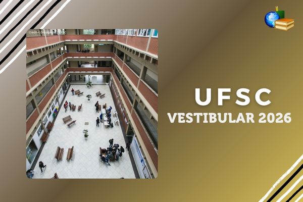 Vestibular Unificado 2026 da UFSC Fundo dourado, preto e branco, foto do campus da UFSC, Texto UFSC Vestibular 2026
