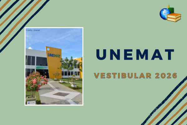 Vestibular 2026 Unemat Foto de prédio da Unemat em fundo verde com listas coloridas nas diagonais. Texto: Unemat Vestibular 2026