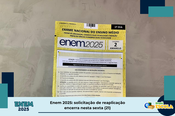 Foto dos cadernos de prova do Enem. Texto: título da notícia.