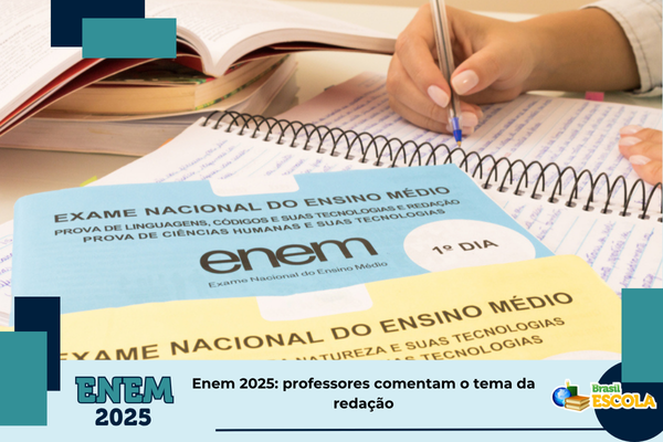 Foto dos cadernos de prova do Enem. Texto: título da notícia.