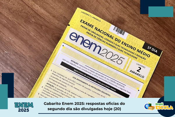 Foto dos cadernos de prova do Enem. Texto: título da notícia.