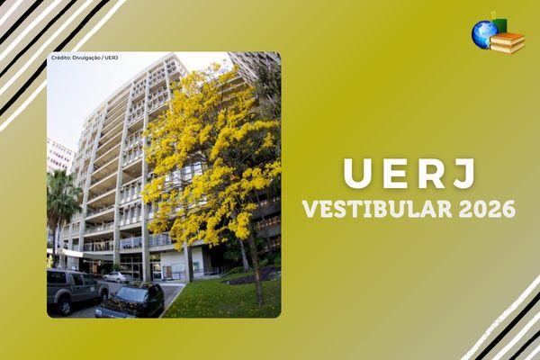 Vestibular 2026 da UERJ Fundo verde e branco, foto do campus da UERJ, texto UERJ Vestibular 2026