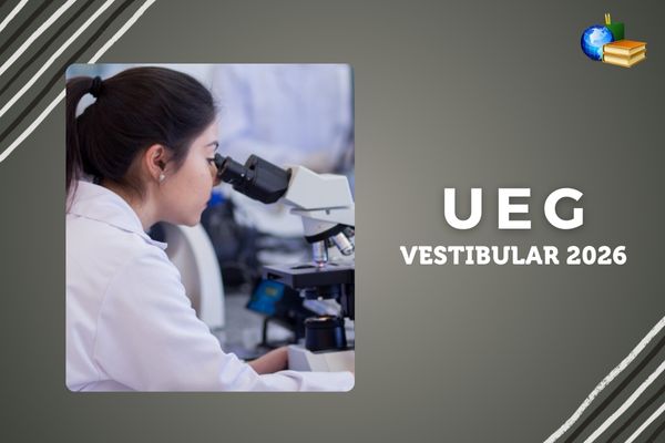 Vestibular 2026 da UEG Fundo preto claro e branco, com listras branco e cinza escuro, foto de estudante em laboratório, texto UEG Vestibular 2026