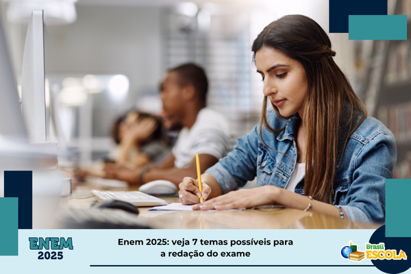 7 temas para redação do Enem 2025 Estudante escrevendo. Texto: título da matéria.