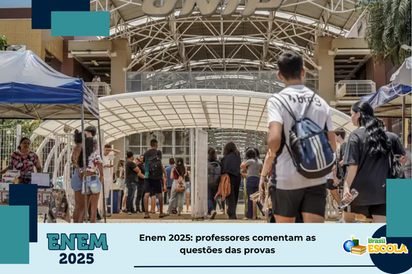 Foto de participantentes do Enem na porta do local de aplicação. Texto: título da notícia