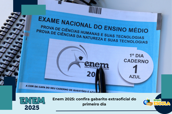 Foto dos cadernos de prova do Enem. Texto: título da notícia.