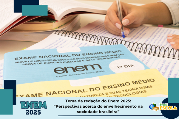 Foto dos cadernos de prova do Enem. Texto: título da notícia.