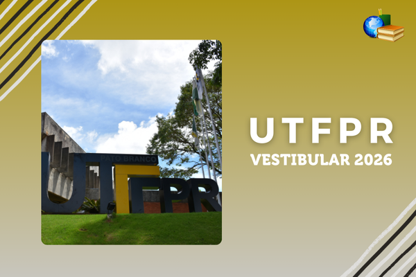 Fundo amarelo claro, foto do letreiro da UTFPR, texto UTFPR Vestibular 2026