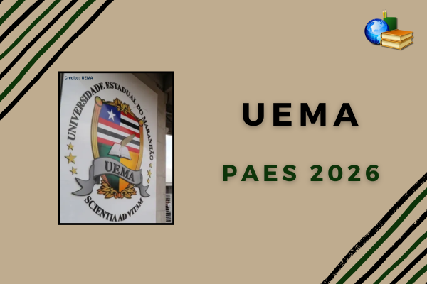 Foto logo da UEMA em fundo bexe com listras nos cantos. Texto: UEMA PAES 2026