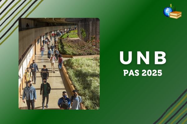Foto com estudantes no corredor, fundo verde, texto UnB PAS 2025